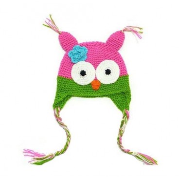 Green/Pink Owl Hand knitted beanie / hats - Babies Accessories